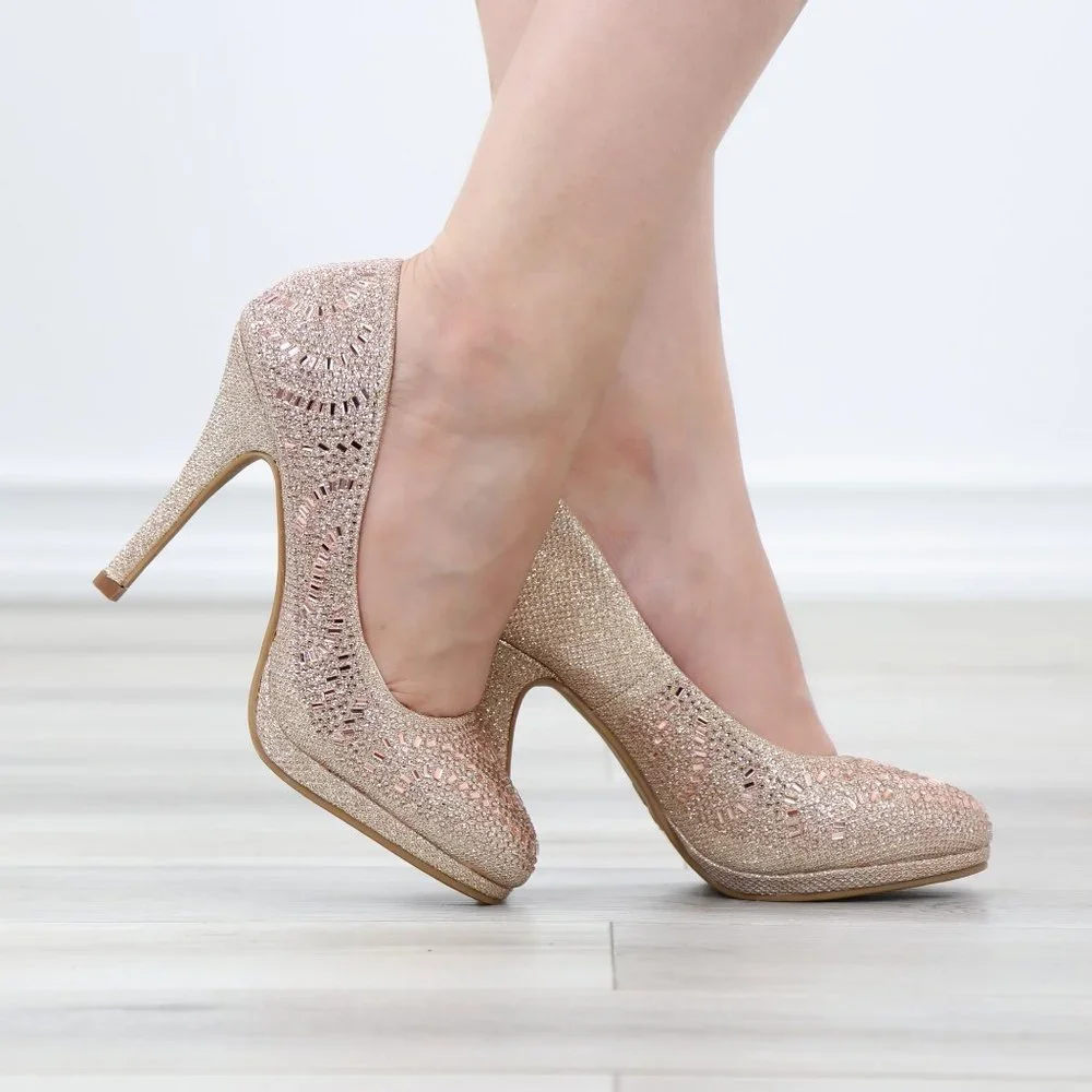 Sparkly Rose Gold Rhinestone Glitter Diamond Platform Slip On High Heel - Picture 2 of 14
